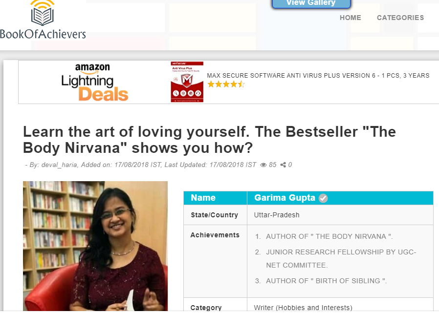 Book Of Achievers says "Learn the art of loving yourself. The bestseller The Body Nirvana shows you how" 