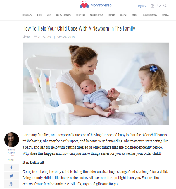 Help Your Child Cope With A Newborn In The Family-Expert Article in Momspresso