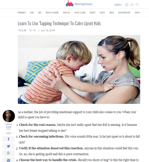 Learn To Use Tapping Technique To Calm Upset Kids -Expert Article in Momspresso 